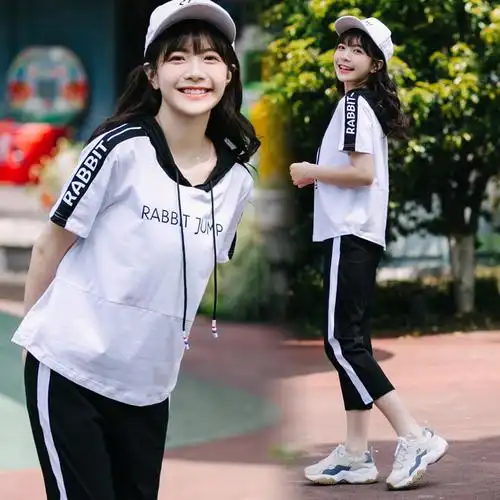 中学生夏装女学院风宽松高初中生休闲运动两件套韩版少女短袖套装