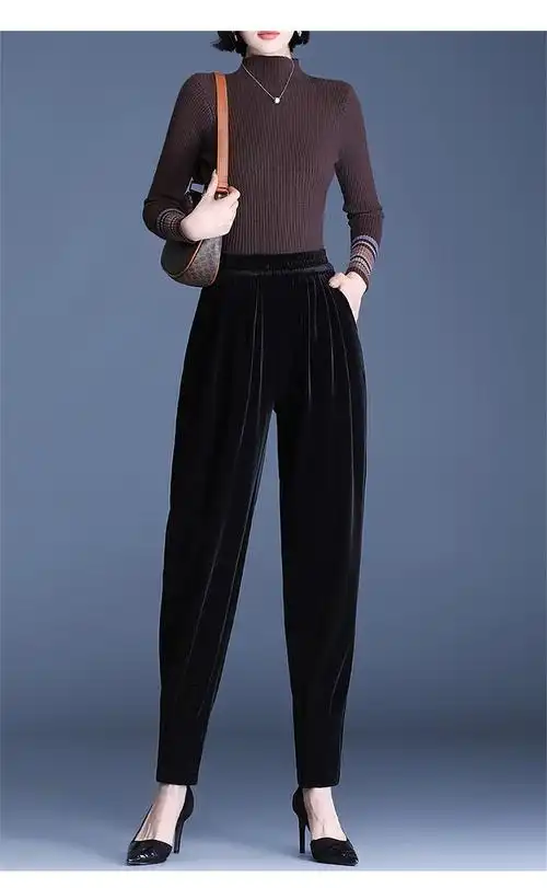 秋冬大码中年妈妈加厚加绒裤女裤时尚潮流长裤子女黑色常规款m90110斤