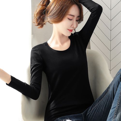 黑色打底t恤女紧身薄款秋季新款潮内搭秋衣女圆领长袖打底衫修身