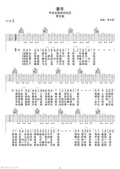 新手入门吉他谱罗大佑童年吉他谱扫弦简单版
