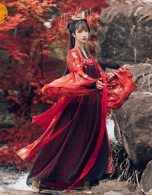 汉服女古风长款红色系大袖衫齐胸襦裙套装古装仙女裙秋冬 上衣 3米