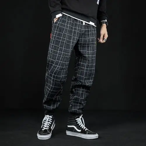 yuansu男士休闲裤黑白格子裤子男秋季宽松胖子哈伦裤潮流运动束脚裤