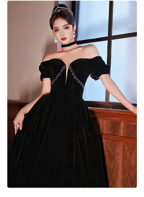 一字肩晚礼服女2022新款赫本风黑色气质年会长裙艺考主持人晚礼服