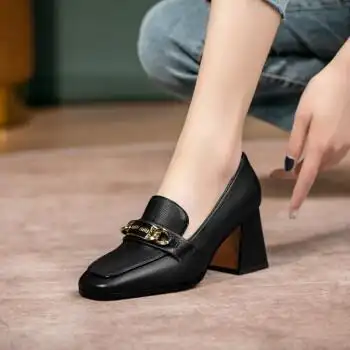 牛皮女鞋方头鞋金属扣通勤职业工作鞋春季新款定大小码女鞋皮鞋黑色35