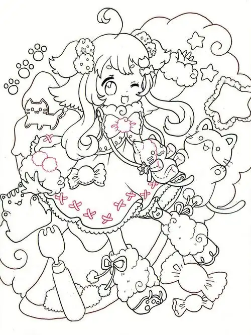 黑白线稿临摹动漫猫咪女孩含铅笔稿