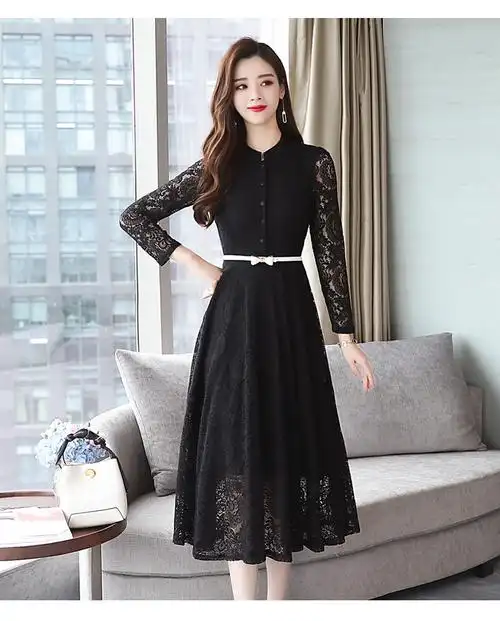 艳如飞长袖蕾丝连衣裙春秋女新款中长款长袖裙子修身收腰中长裙连衣裙