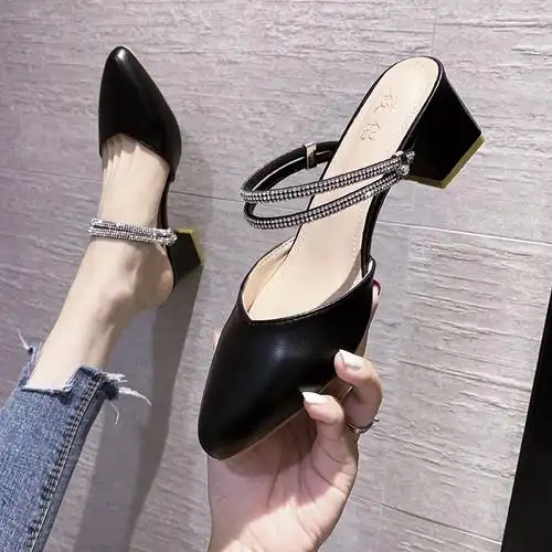 大码包头高跟鞋一字女粗凉鞋半拖女鞋夏季mm时装凉鞋