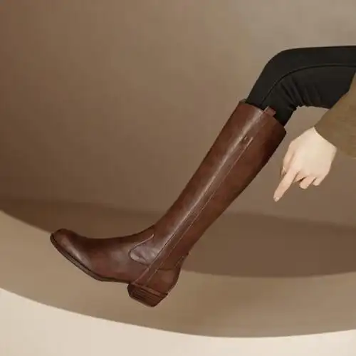 格瑞迪欧牛皮长筒靴过膝潮百搭加绒平底骑士靴色高筒长靴d10