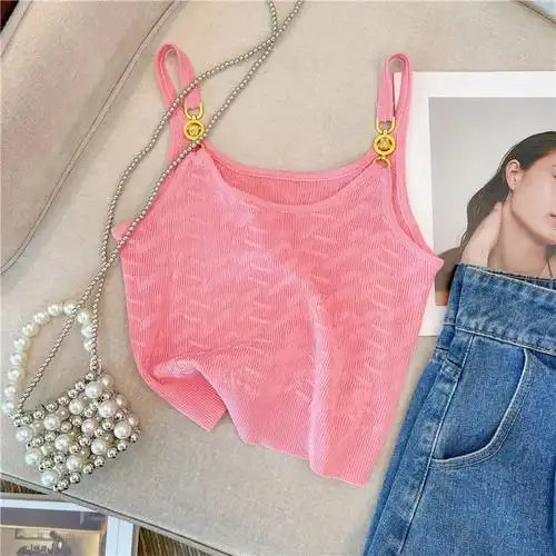 粉色金扣针织吊带背心女夏季纯欲性感甜辣妹修身短款无袖上衣外穿