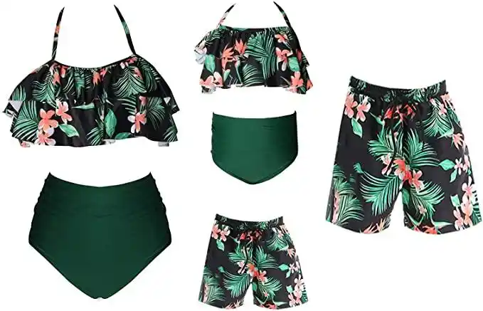 家庭配套泳衣高腰褶皱印花两件套比基尼套装妈妈和女儿泳装游泳裤泳衣