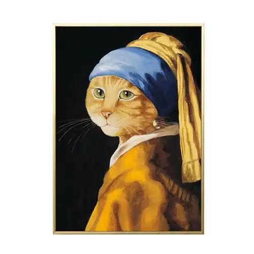 散步去戴珍珠耳环猫搞小众创意装饰画动物个性现代装饰画