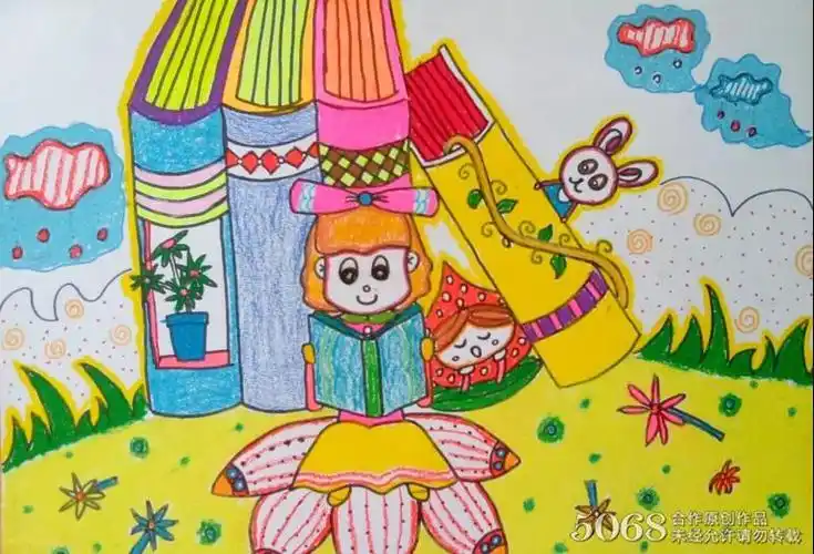 爱看书的小女孩油画棒儿童画教师范画