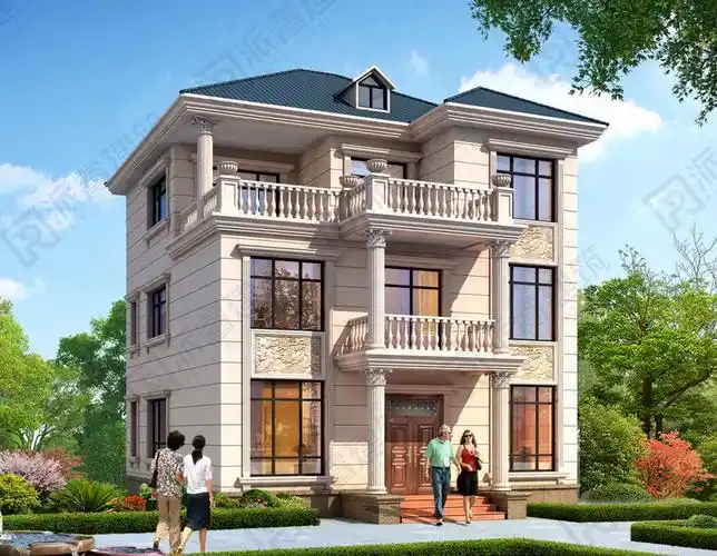 140平农村三层自建欧式别墅外观效果图带罗马柱,高档乡墅建房最新款