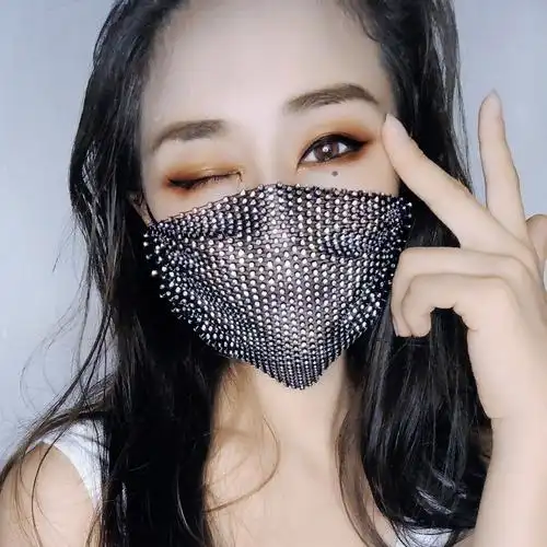 抖音新款同款带钻口罩镶钻网红渔网面纱韩版口罩