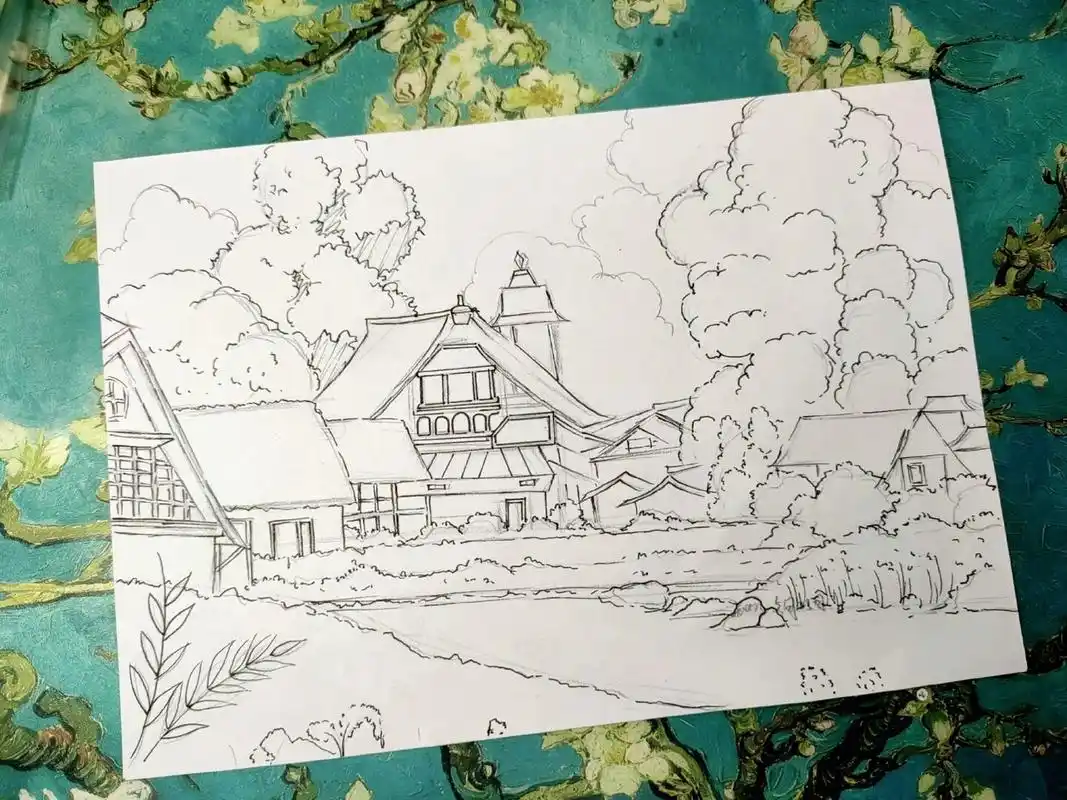 线稿 #马克笔手绘# #风景画# #绘画过程# #宫崎骏动漫# #临摹线稿