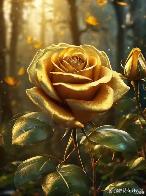 金玫瑰悄然绽放,其华贵的金色在阳光下熠熠生辉,每一片花瓣都仿佛被