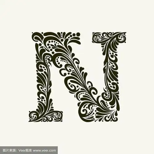巴洛克风格优雅的大写字母n