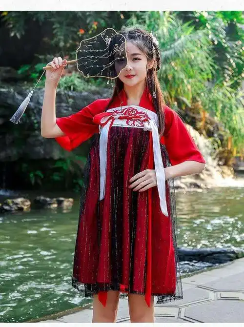 汉服女中国风学生红色古装仙气飘逸仙女改良齐腰襦裙夏秋白菜红色长款