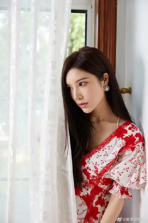 戴燕妮红色碎花连衣裙