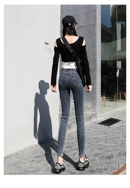 女装新款高腰牛仔裤女紧身小脚2021春季新款弹力修身蓝色九分铅笔长裤