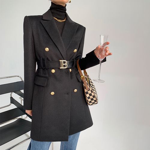 wangxo黑色毛呢西装外套女秋季2022收腰显瘦双排扣气质中长款大衣