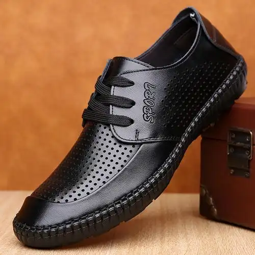 夏季真皮凉鞋男爸爸皮鞋中老年休闲中年男士镂空老人透气洞洞鞋土