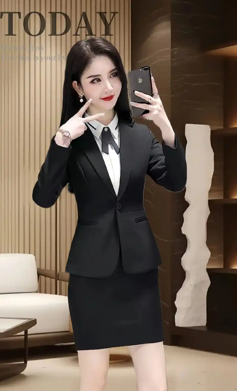时尚修身职业西服套装女西装正装酒店前台面试上班气质职业套装, - 抖