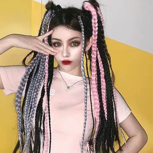 双马尾脏辫假发女嘻哈拳击辫子欧美编发成品非洲辫彩色渐变假马尾