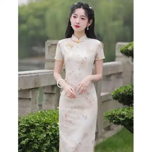 显瘦复古国风瑞士网旗袍 2024夏季新中式改良少女旗袍连衣裙3035