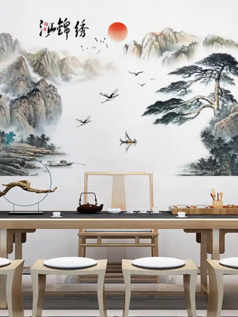 国画山水画墙贴纸中式客厅沙发电视墙背景墙.