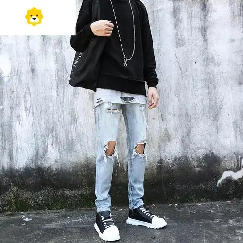 fishbasket黑色牛仔裤男季高街男生2024新款破洞修身男裤美式拉链裤子