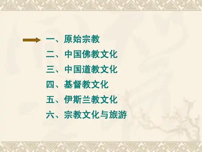 一,原始宗教 二,中国佛教文化 三,中国道教文化 四,基督教文化 五