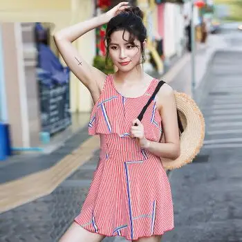 泳衣女2018春夏新款荷叶边露背聚拢收腰显瘦a字短裙连体泳衣裙式泳装