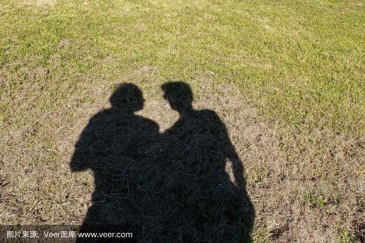一个女人和一个男人在绿色的田野上的影子.一对夫妻在一起的影子