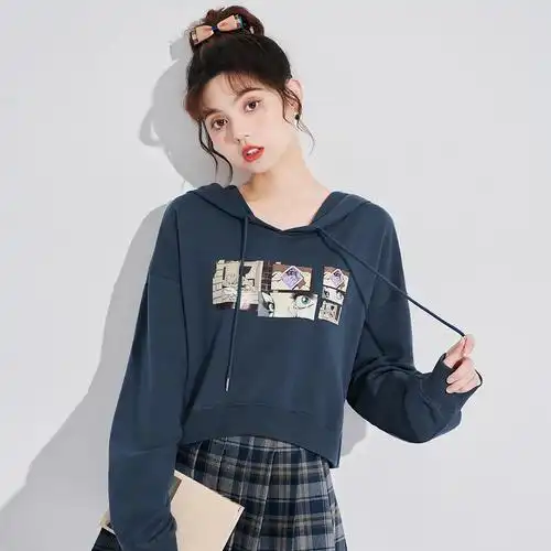 帛卡琪2021新款春秋学生宽松连帽卫衣女学生短款套头卡通印花上衣