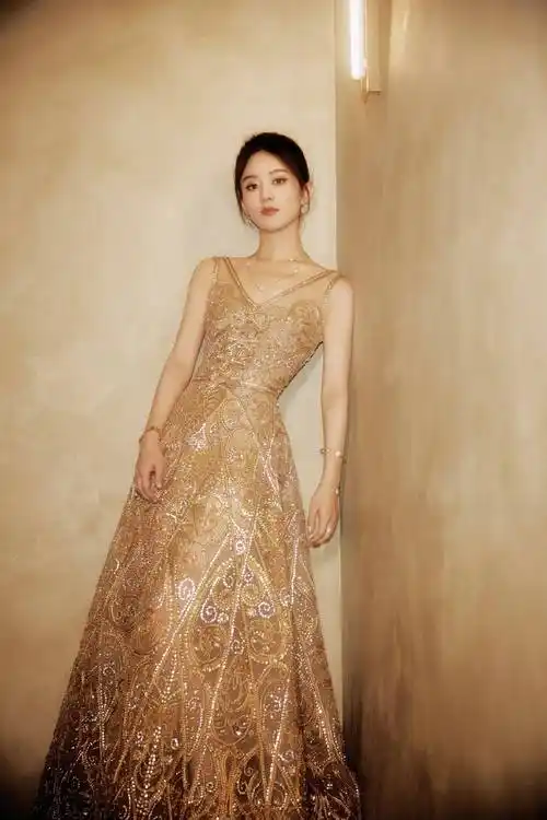 赵丽颖金色亮闪连衣裙时尚写真_漂亮_网友_天际