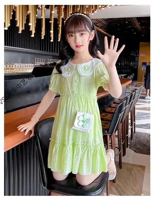 【新品】3-13岁甜美可爱小女孩穿的女童绿色连衣裙纯棉夏季2022新款