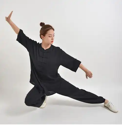 太极服女夏季绵绸中袖练功服武术服棉绸飘逸薄长袖太极拳套装 水蓝色