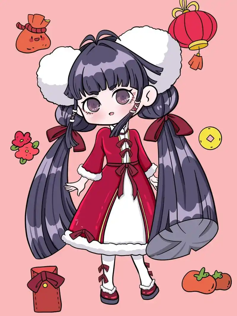 新年元旦春节简笔画贴纸卡通q版人物可爱女 原创动漫人物全身站姿