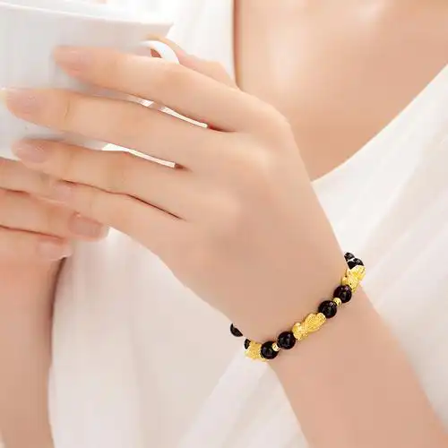 蒂蔻六六大顺貔貅黄金手链女款本命年足金黑玛瑙路路通手串自戴生日