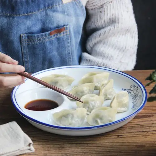 日式圆形创意装虾盘水饺子盘带醋碟家用特色菜盘酒店餐具陶瓷盘子