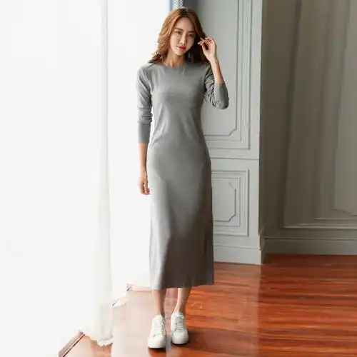 打底裙女秋冬季长袖过膝t恤裙长裙纯棉显瘦加绒连衣裙加绒超长款