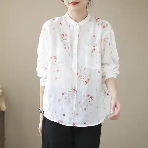 小清新苎麻上衣小碎花印花宽松长袖棉麻花衬衫女春秋白色衬衣