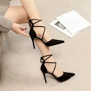 欧美绒面尖头交叉脚环绑带蝴蝶结高跟鞋女宴会夜店性感细跟女单鞋