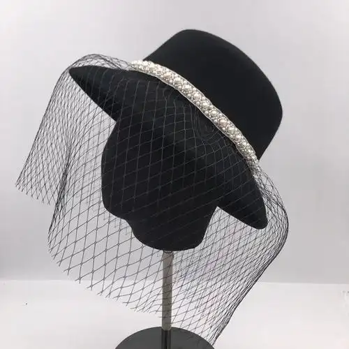 新款法式赫本风礼帽珍珠渔夫帽羊毛呢盆帽黑色面纱婚礼走秀帽气质