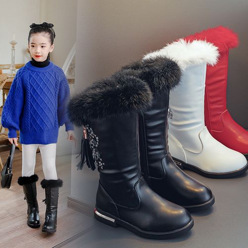 女童靴子真皮加绒毛毛绒2023秋冬新款儿童长筒靴女孩公主靴子保暖