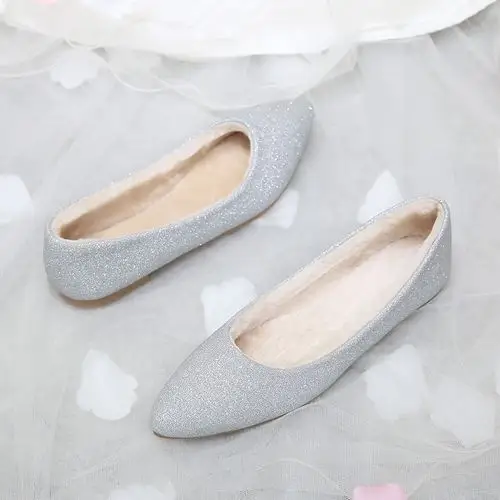 水晶鞋婚鞋冬季_2017新款冬季婚鞋女平底新娘鞋银色结婚鞋孕妇亮片