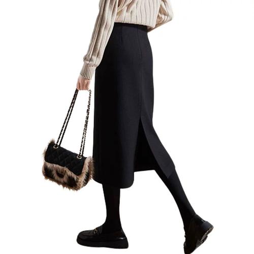 春秋黑色直筒毛呢半身裙女秋冬新款中长裙高腰显瘦职业包臀一步裙