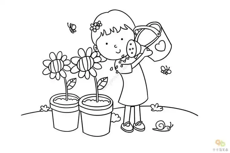 小女孩儿浇花简笔画