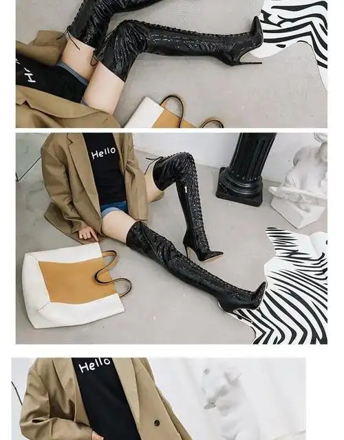 长筒过膝超长大腿靴秋冬新款尖头高跟靴红色黑色细跟大码长靴 白色 36